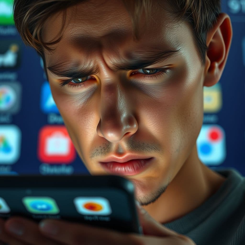 Frustrated user scrolling through multiple similar AI apps on smartphone