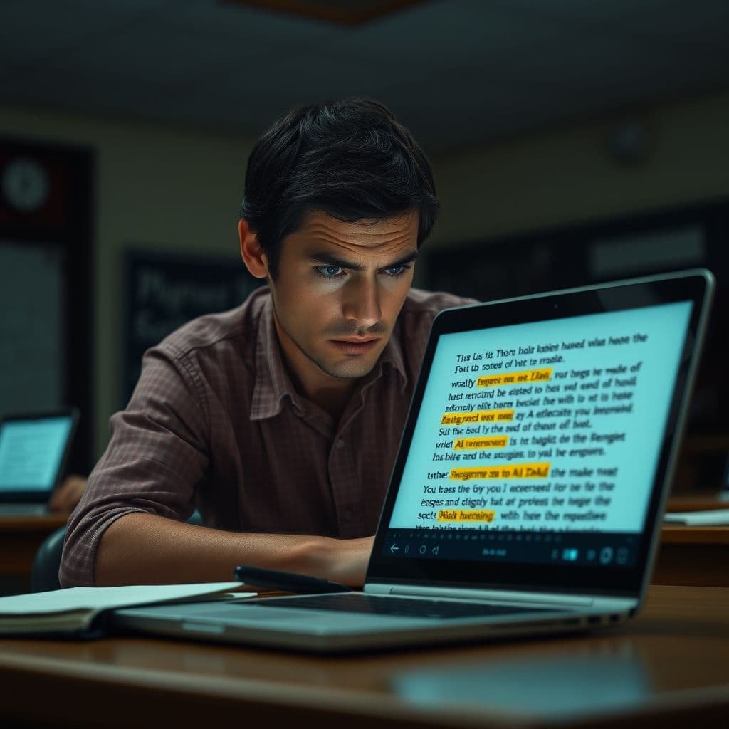 A frustrated teacher reviewing an essay with AI-generated content highlighted on a laptop screen.