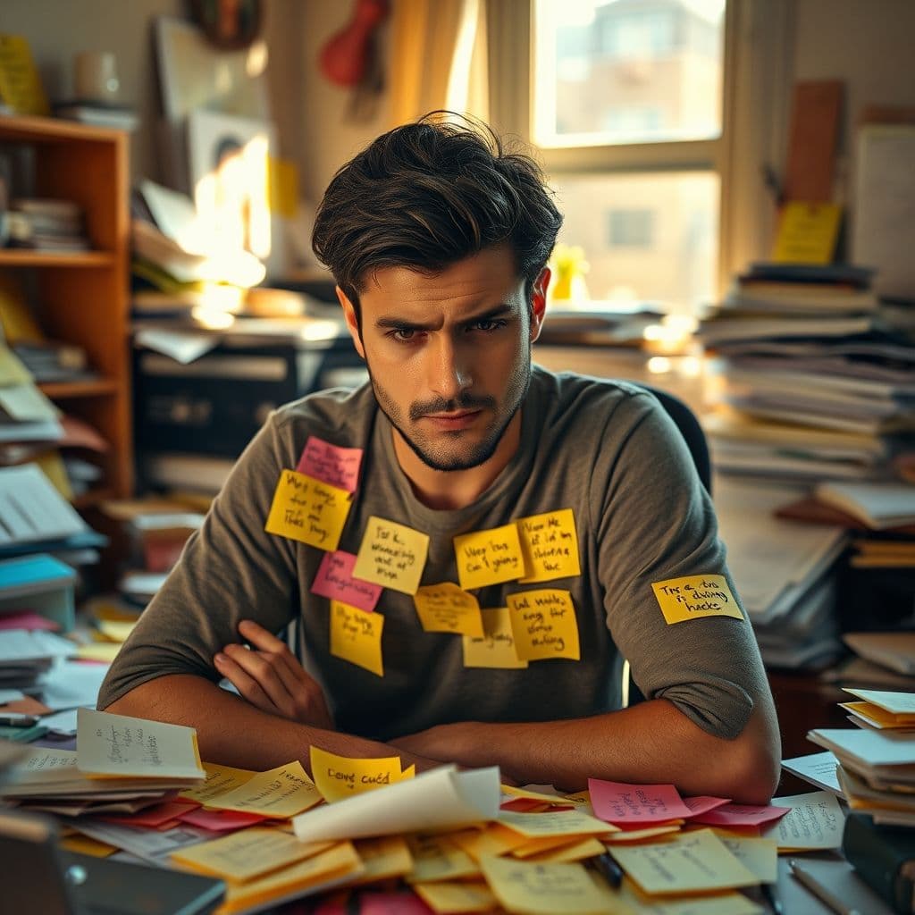 Person surrounded by sticky notes with money-saving hacks.
