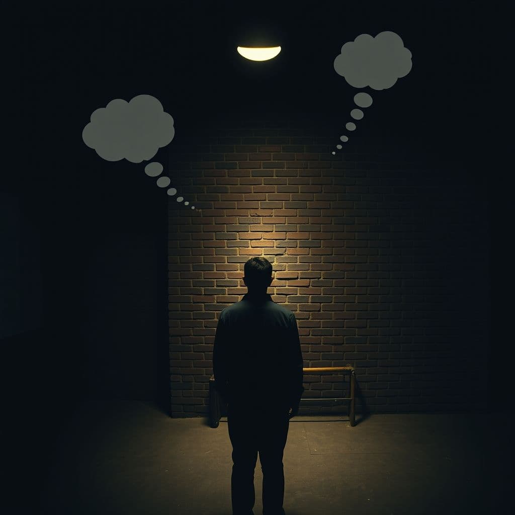 A person staring blankly at a wall, overwhelmed by thoughts.