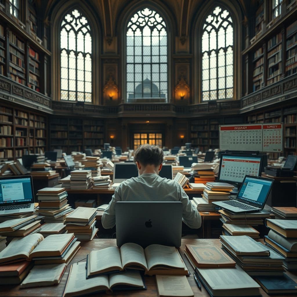 A stressed student surrounded by books and digital devices, symbolizing time management challenges.