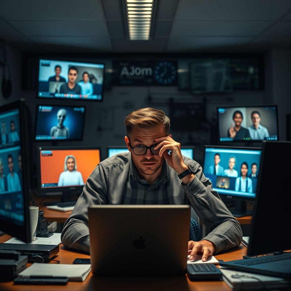 A frustrated professional surrounded by multiple AI assistant screens.