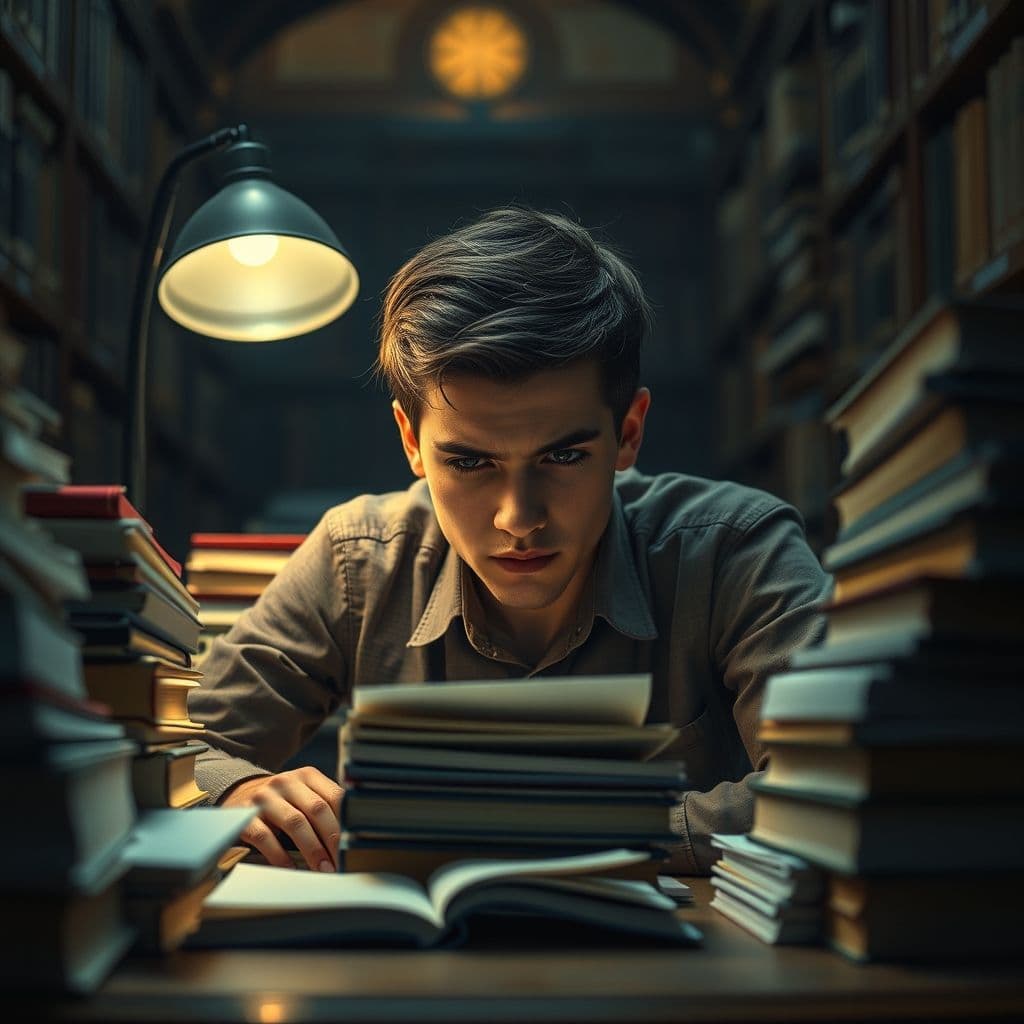 A frustrated student surrounded by piles of homework.