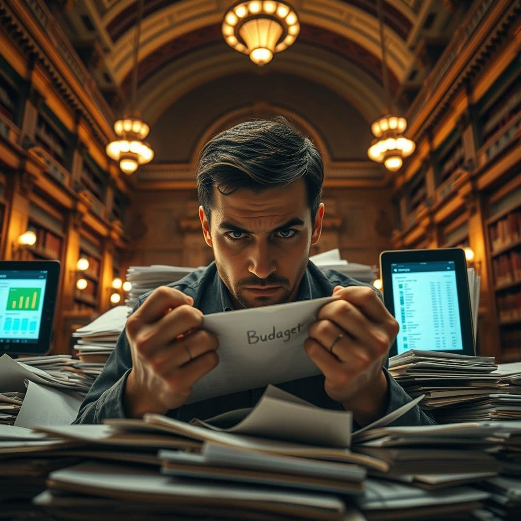 Frustrated person surrounded by financial paperwork and multiple budgeting apps on devices