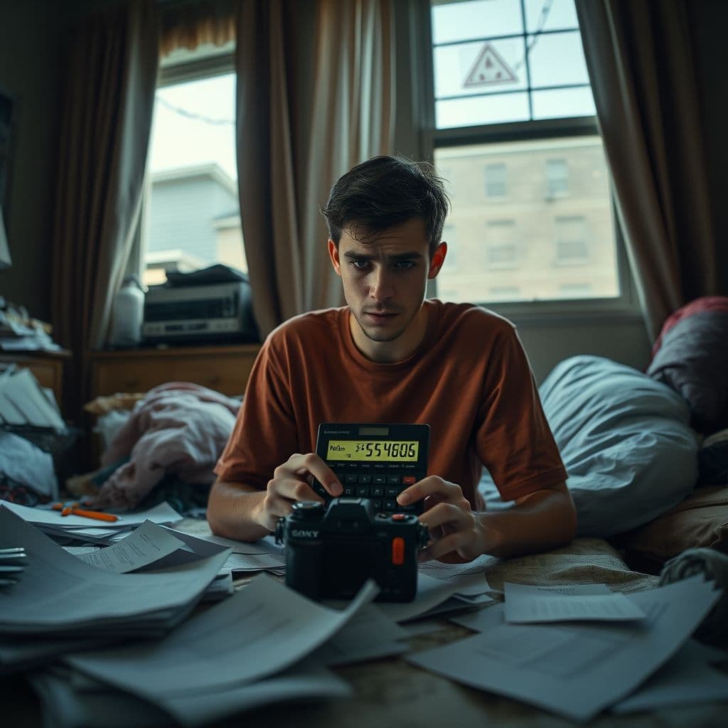 Frustrated young adult looking at house documents with calculator and red warning signs