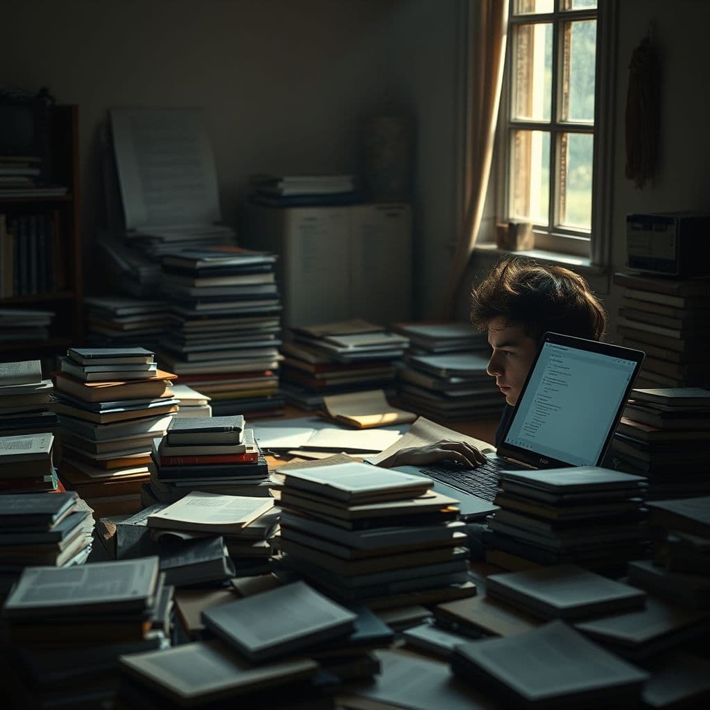 A CS student surrounded by textbooks but unable to code a simple project.