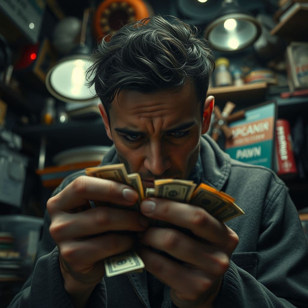 A person counting cash with a frustrated expression, highlighting the struggle of saving money.