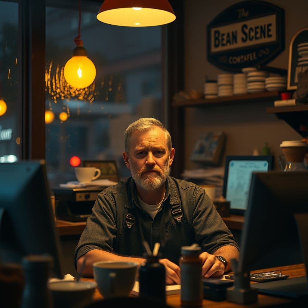 A small business owner sitting alone at a desk, looking exhausted.