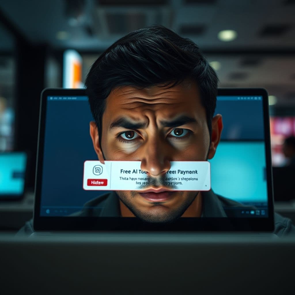 Frustrated user trying to access free AI tools with hidden costs.