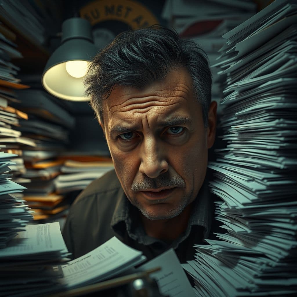 A franchise owner overwhelmed by paperwork and financial stress.