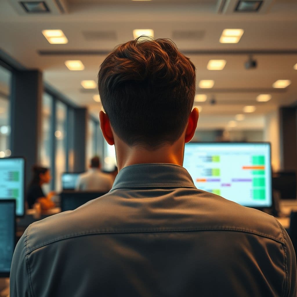 Frustrated office worker staring at confusing Excel spreadsheet with color-coded tasks