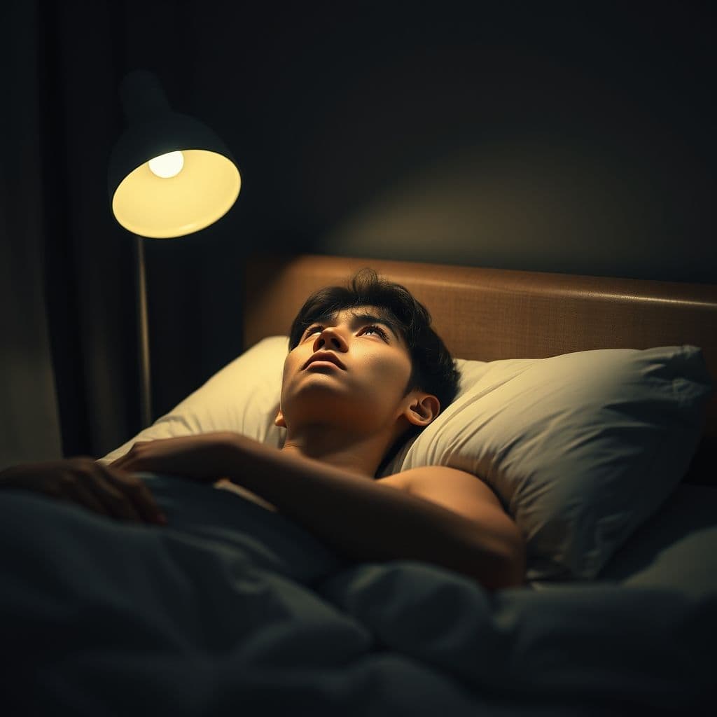 A person lying awake at night, stressed about debt.