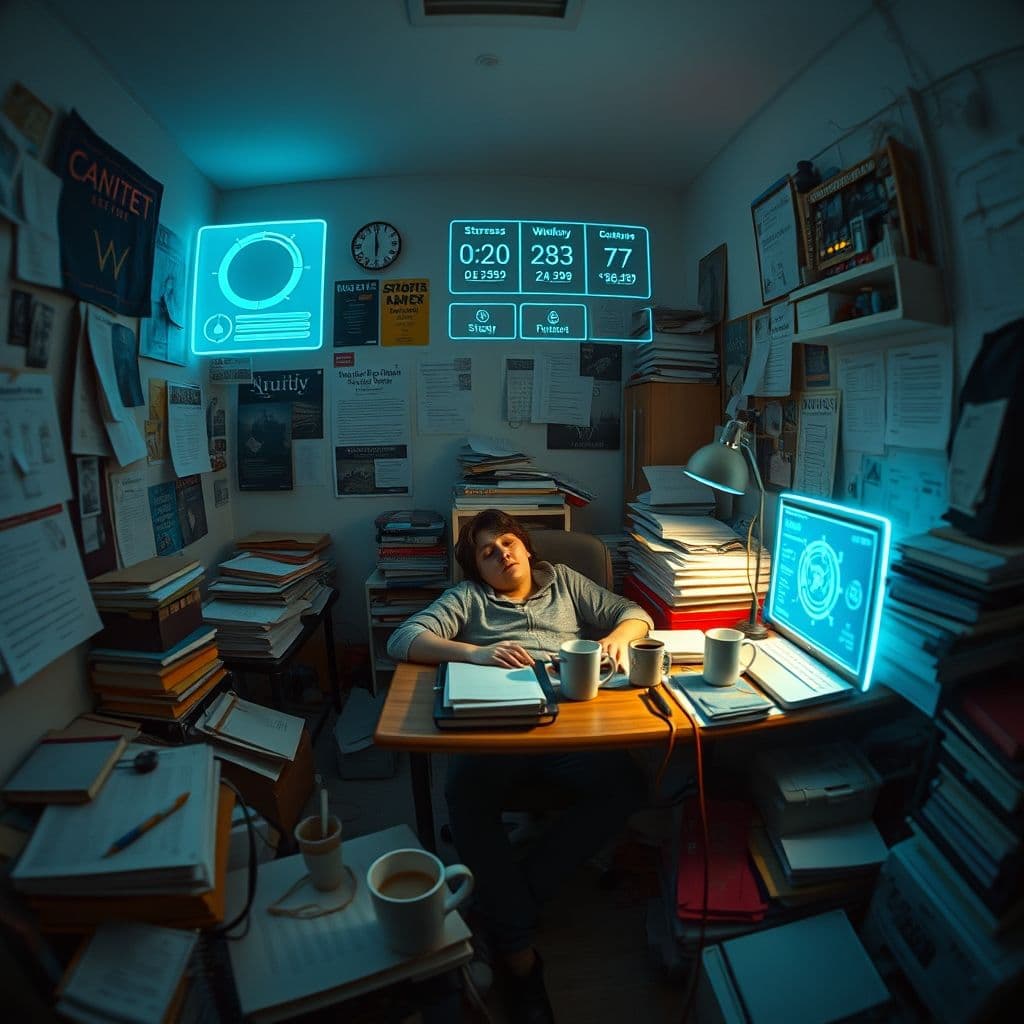 A stressed student at a desk surrounded by books, with a futuristic SaaS interface overlay showing wellness metrics.