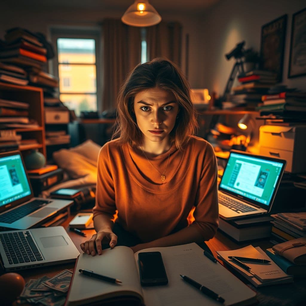 A frustrated person surrounded by multiple side hustle apps and spreadsheets on different devices