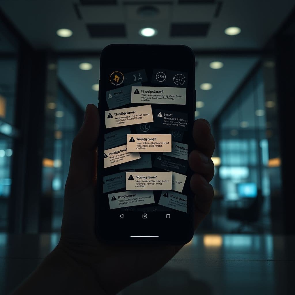 A smartphone screen cluttered with financial apps and error messages.