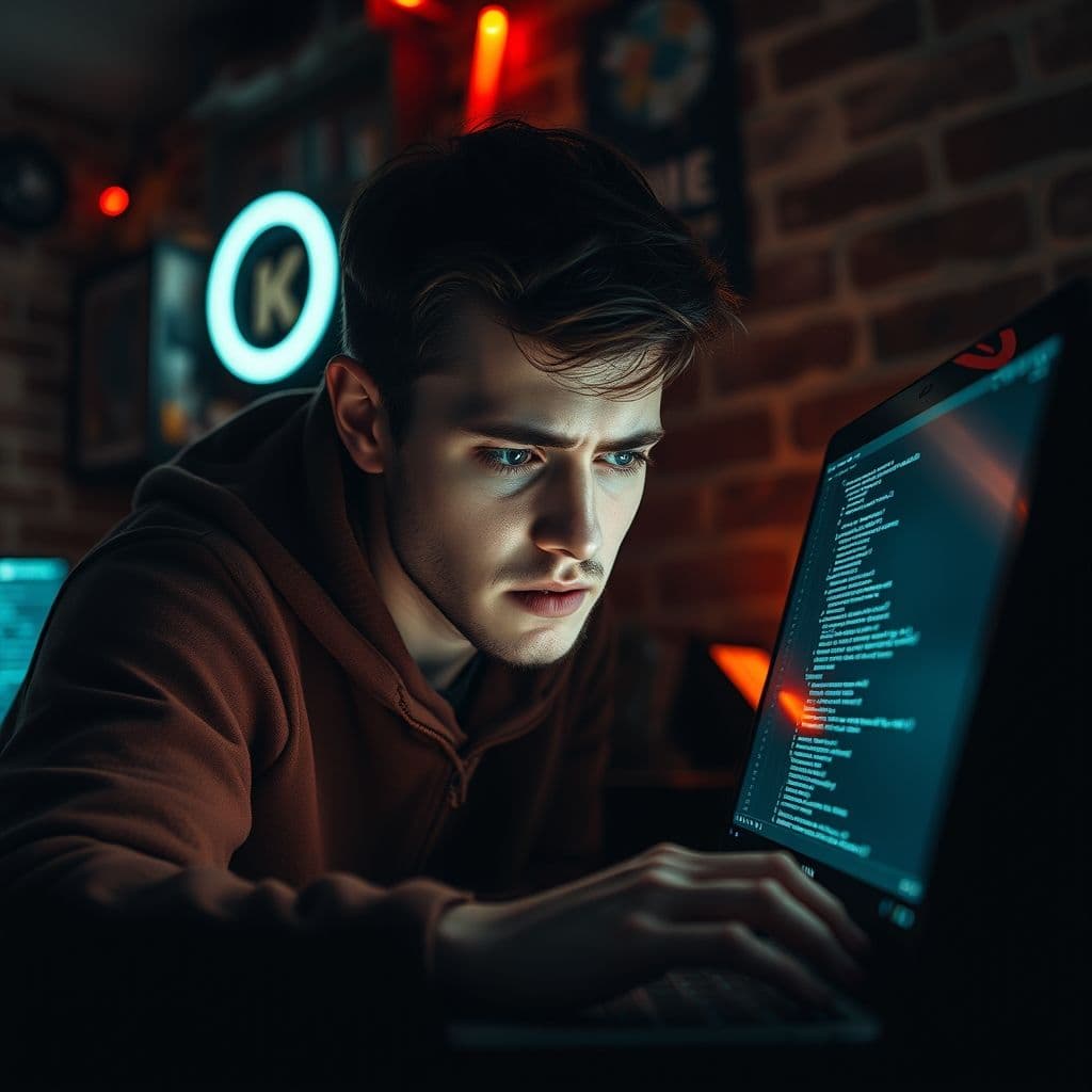 Frustrated coder at a laptop with multiple browser tabs open, looking overwhelmed.