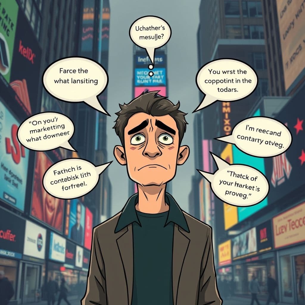 Confused digital marketer surrounded by contradictory advice bubbles.