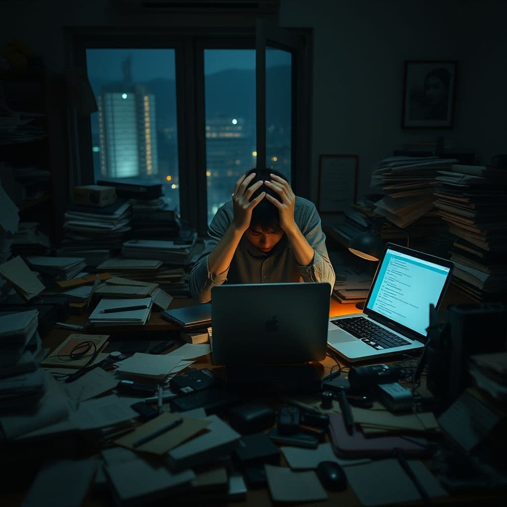 A person sitting alone, overwhelmed by tasks, with a dark moody atmosphere.