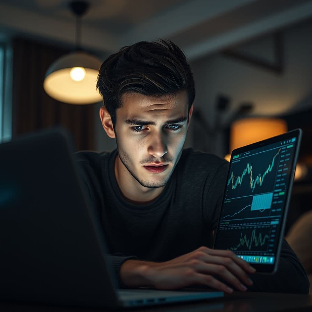 A frustrated beginner investor looking at a laptop screen with confusing financial charts.