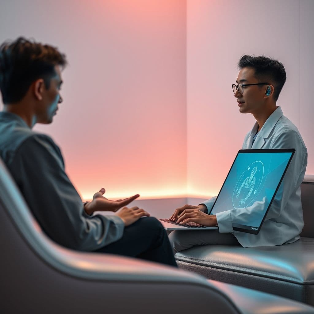 A person interacting with an AI therapist on a laptop while a human therapist watches over.