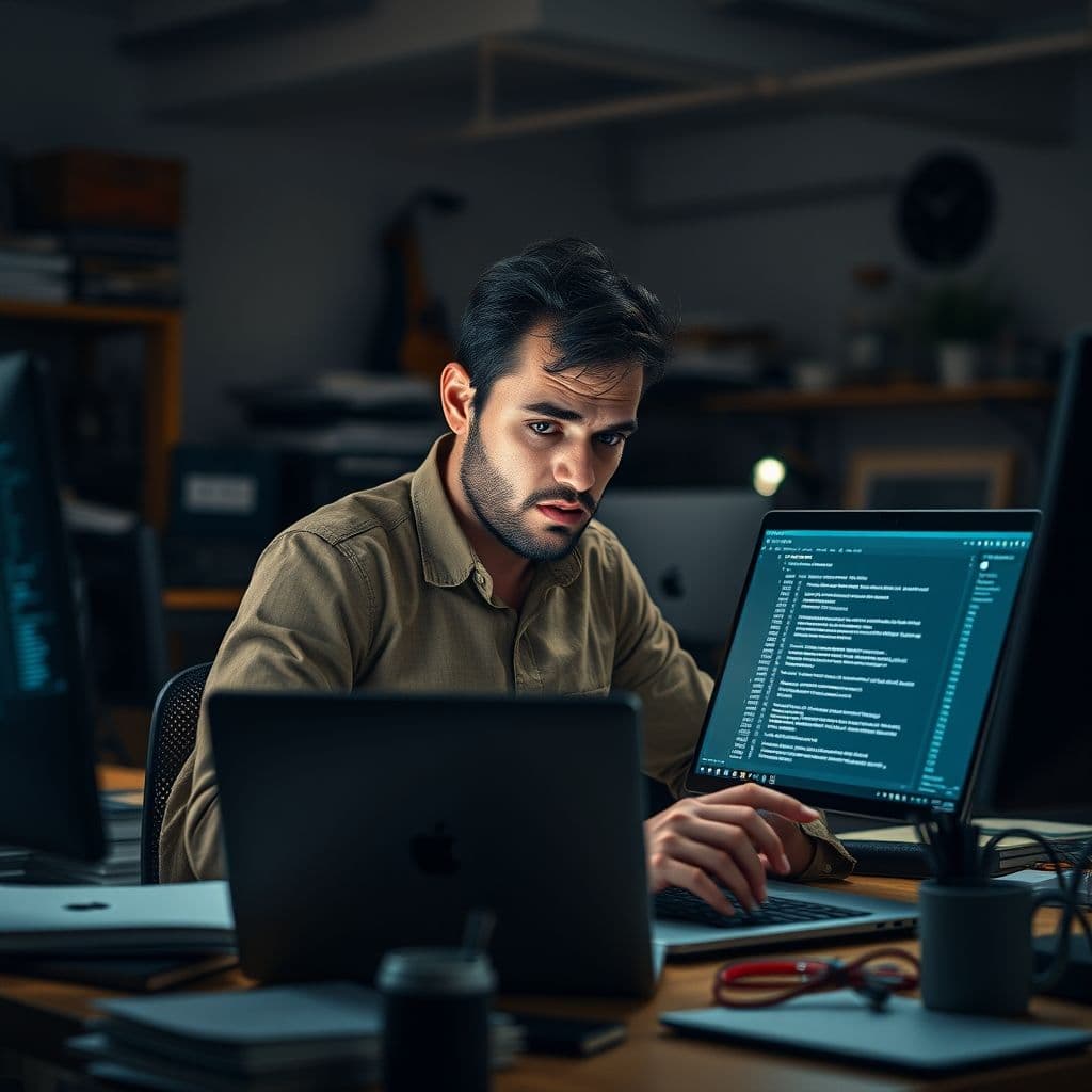 Frustrated developer reviewing AI-generated test results on a laptop.