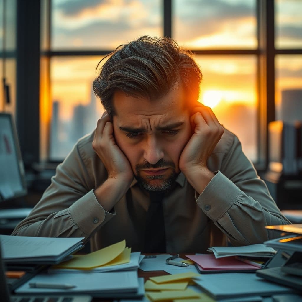 A frustrated professional overwhelmed by a chaotic to-do list.