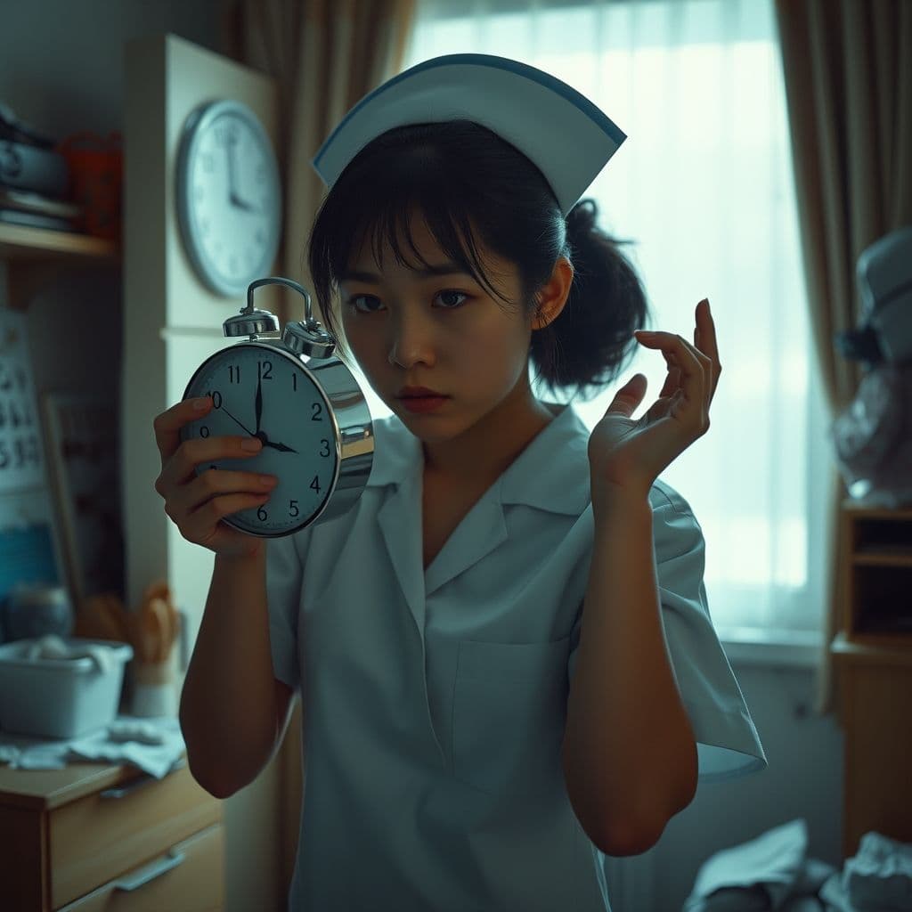 A nurse rushing through her morning routine, overwhelmed by her schedule.