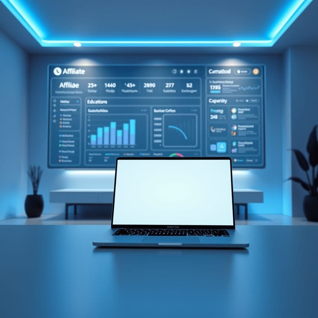A futuristic dashboard showing affiliate marketing metrics and educational resources.