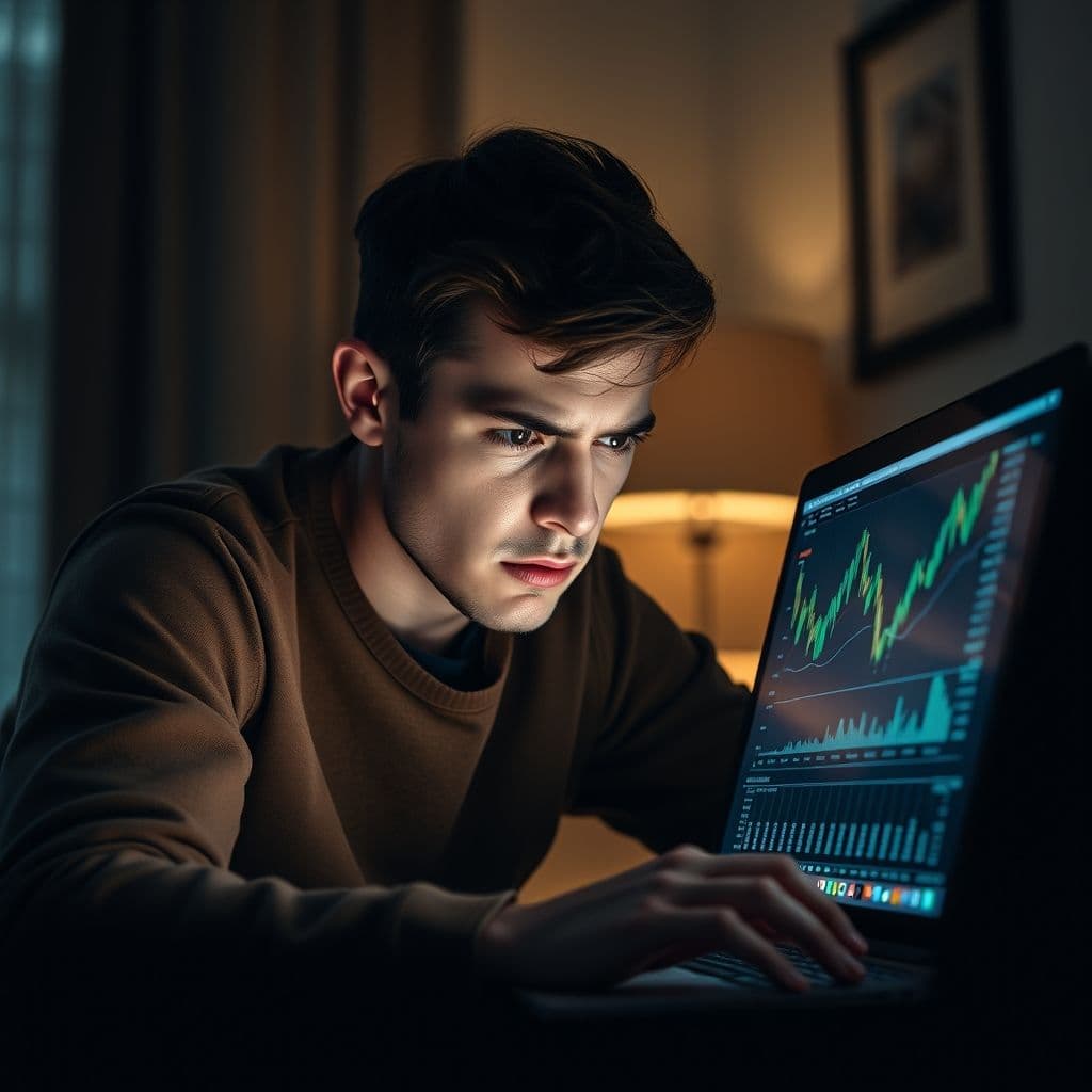 Frustrated new investor looking at complex stock charts on a laptop.