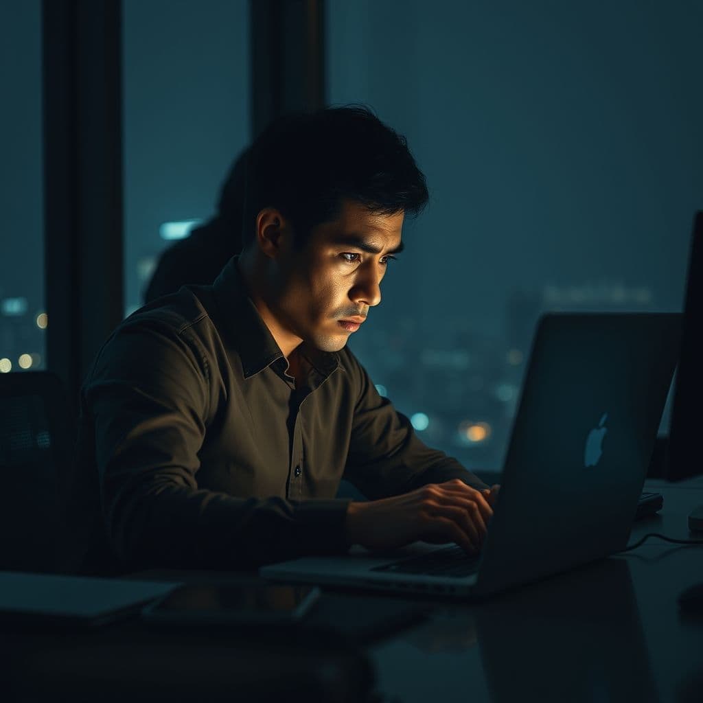 A frustrated user typing on a laptop with a shadowy figure watching over their shoulder, symbolizing session recording.