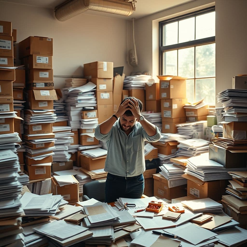 Entrepreneur overwhelmed by shipping boxes and paperwork.