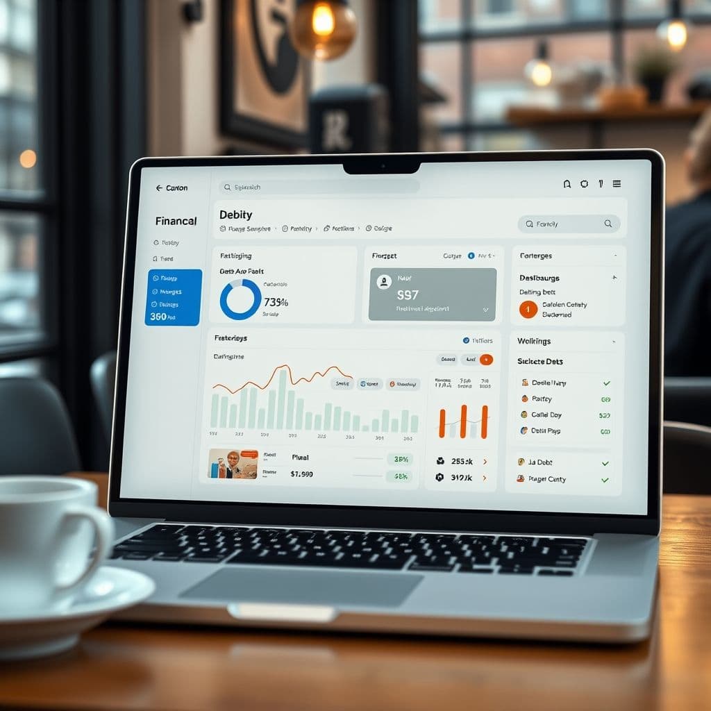 A sleek digital dashboard showing debt tracking and budgeting tools.