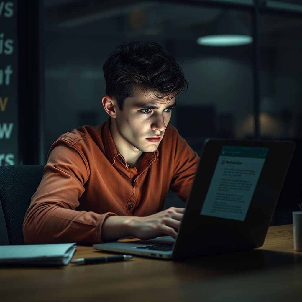 A frustrated computer science graduate looking at a laptop screen with job rejection emails.