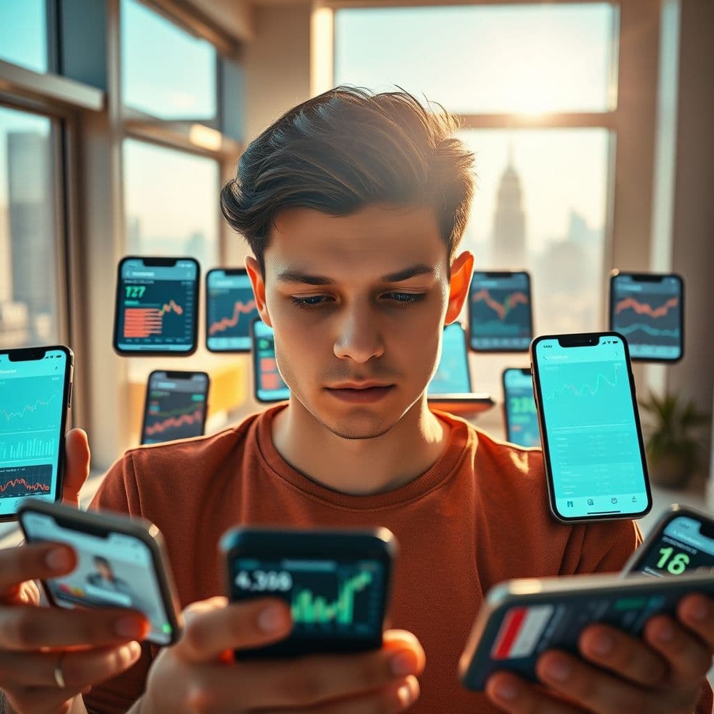 A confused investor surrounded by multiple investment apps and charts.