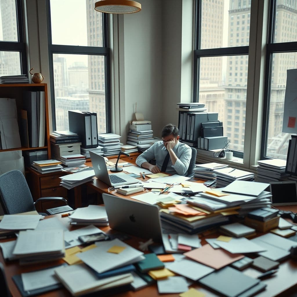 A new manager buried under a pile of tasks and sticky notes.