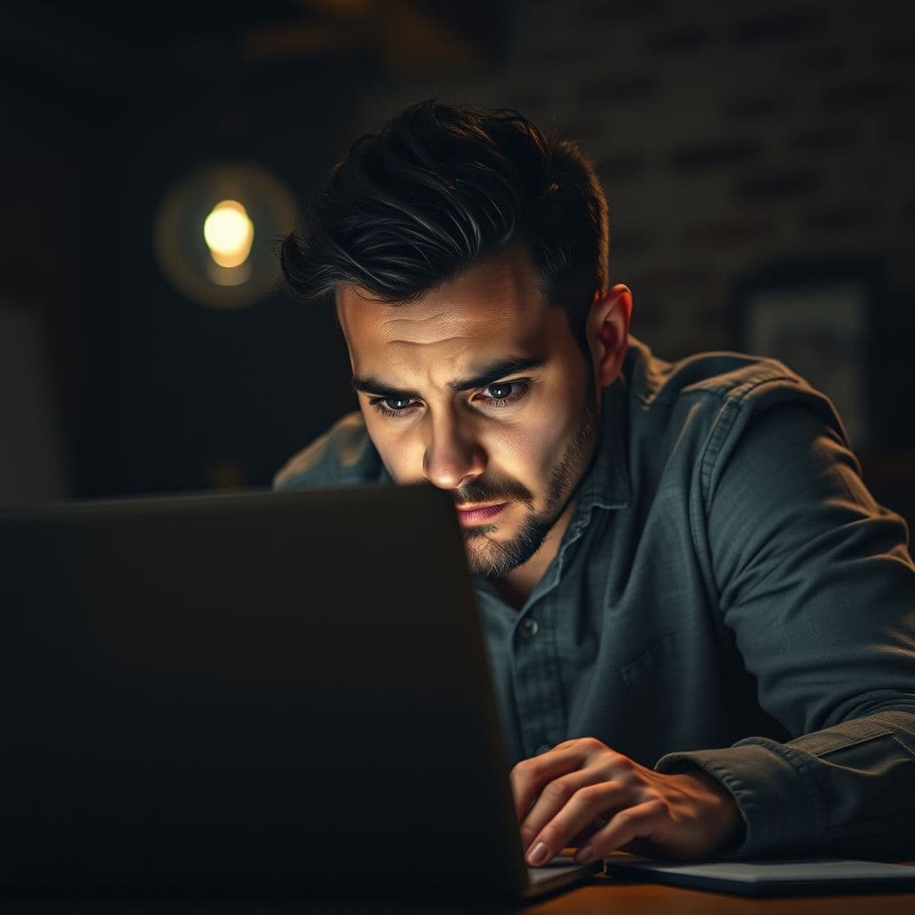 A frustrated small business owner looking at a laptop screen with low sales metrics.