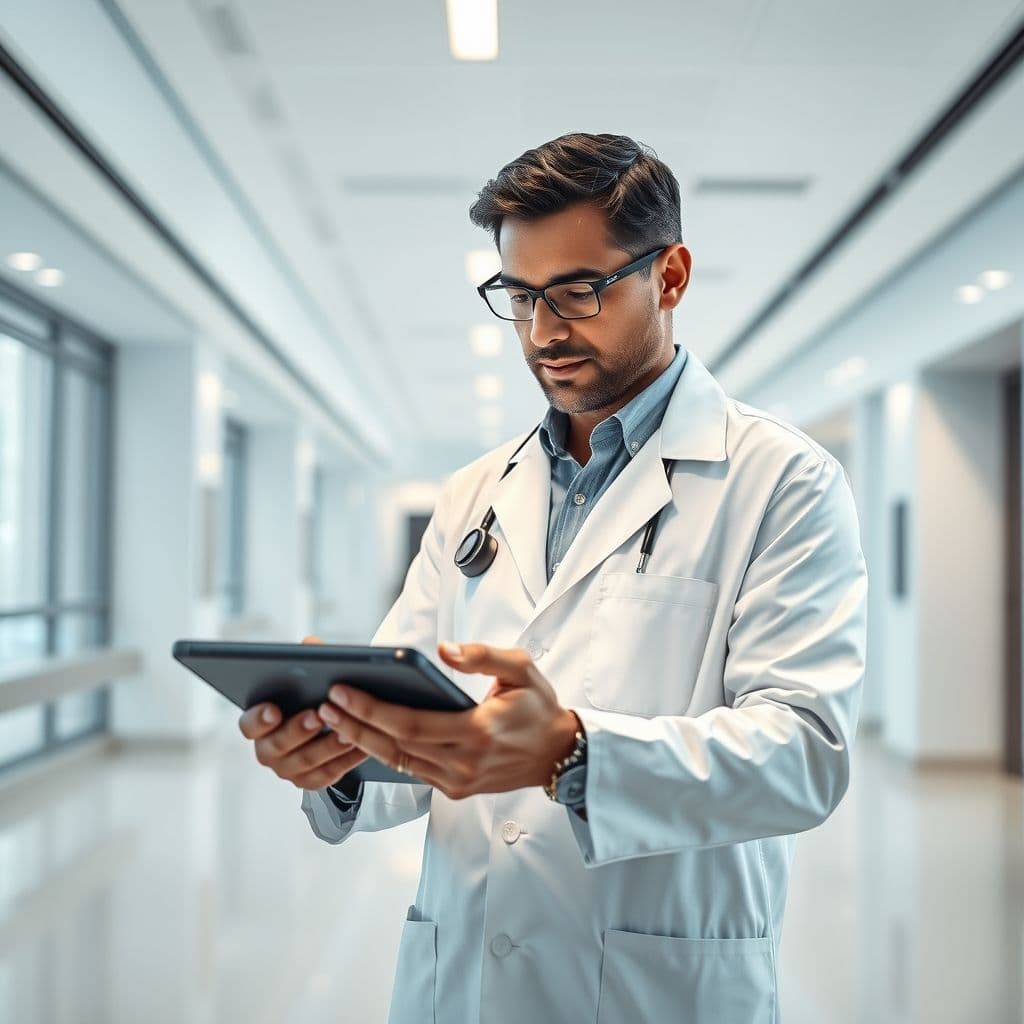 A doctor using a tablet with AI-driven medical interface in a modern clinic.