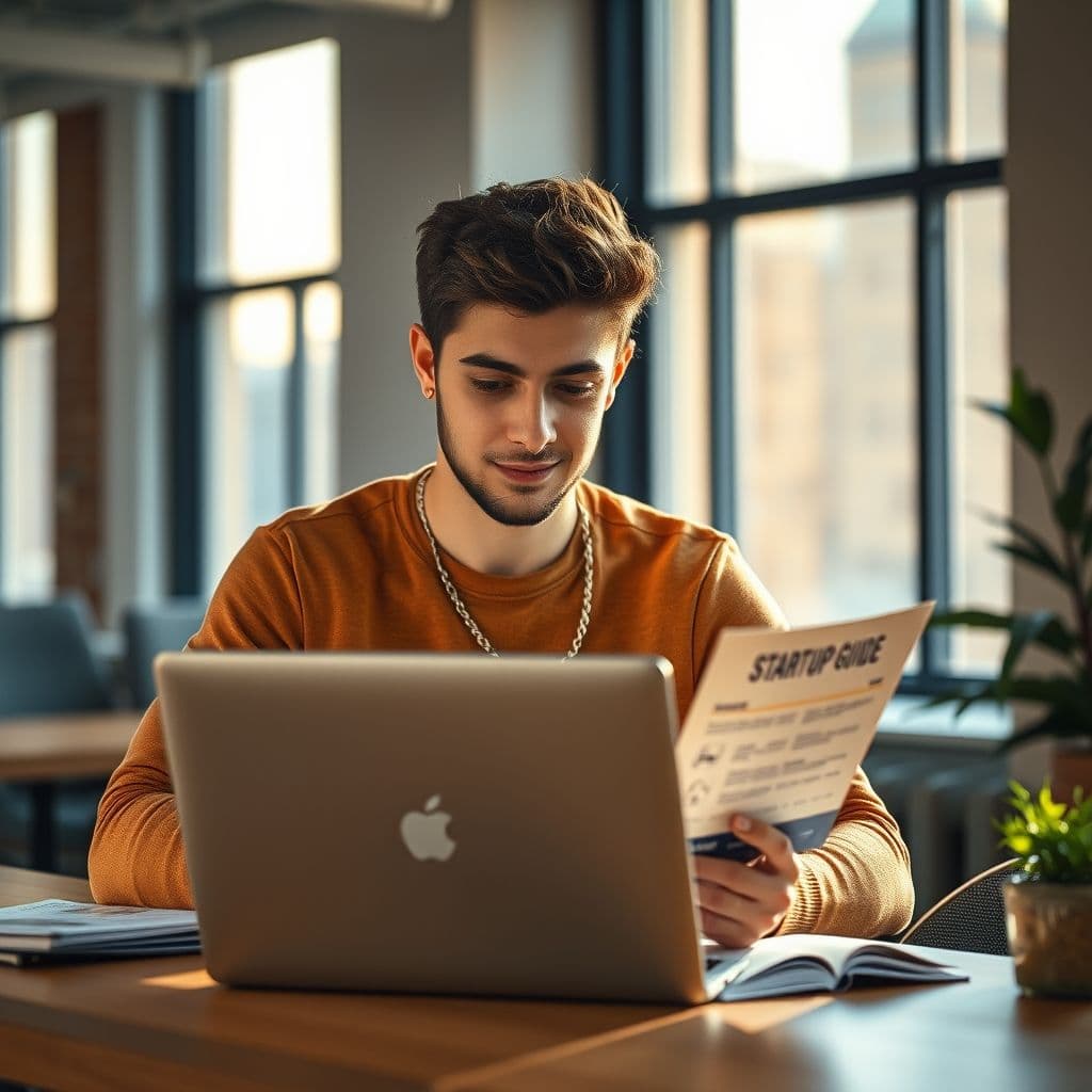 Aspiring entrepreneur looking at a laptop with a startup guide on the screen.