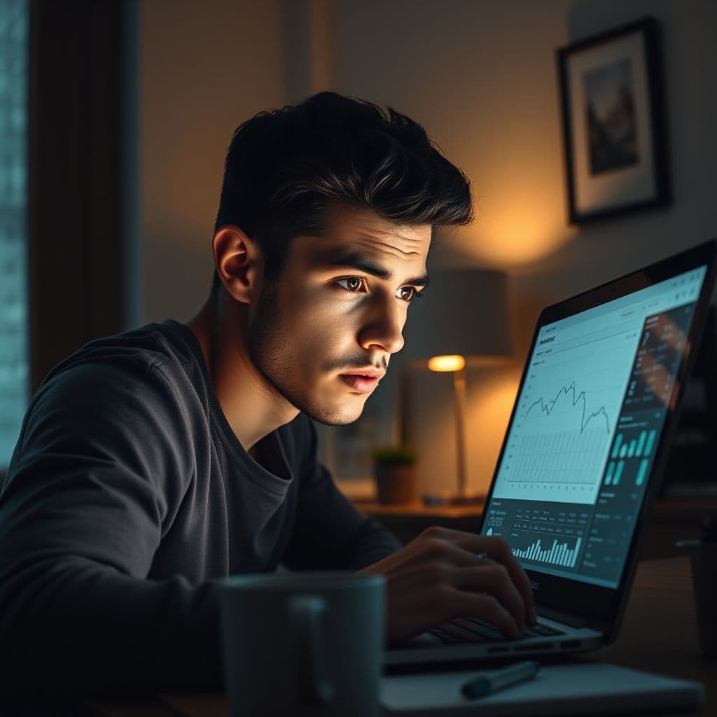 A frustrated entrepreneur looking at a laptop screen showing confusing analytics and failed ads, symbolizing the struggle to start dropshipping.
