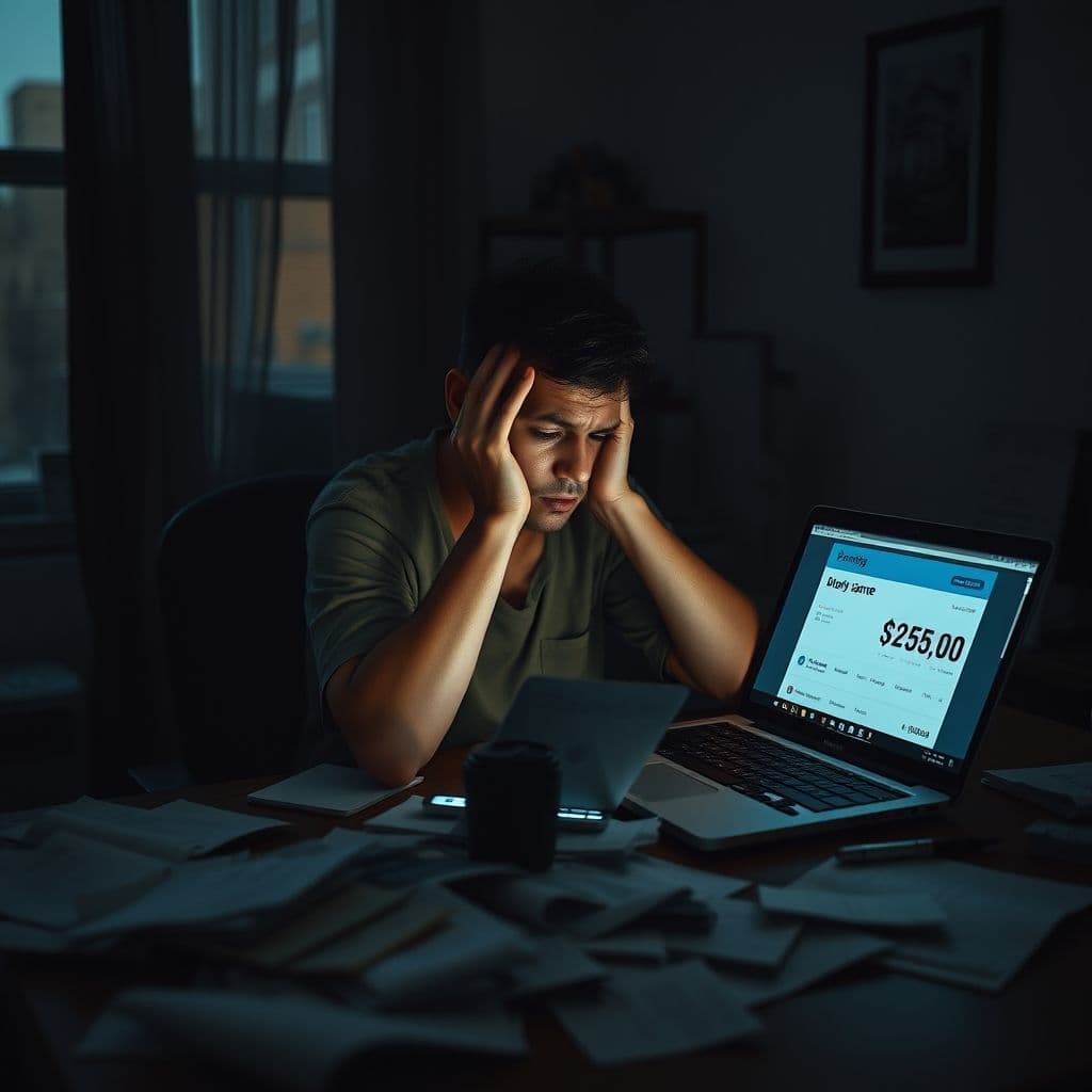 A person overwhelmed by bills and financial stress.