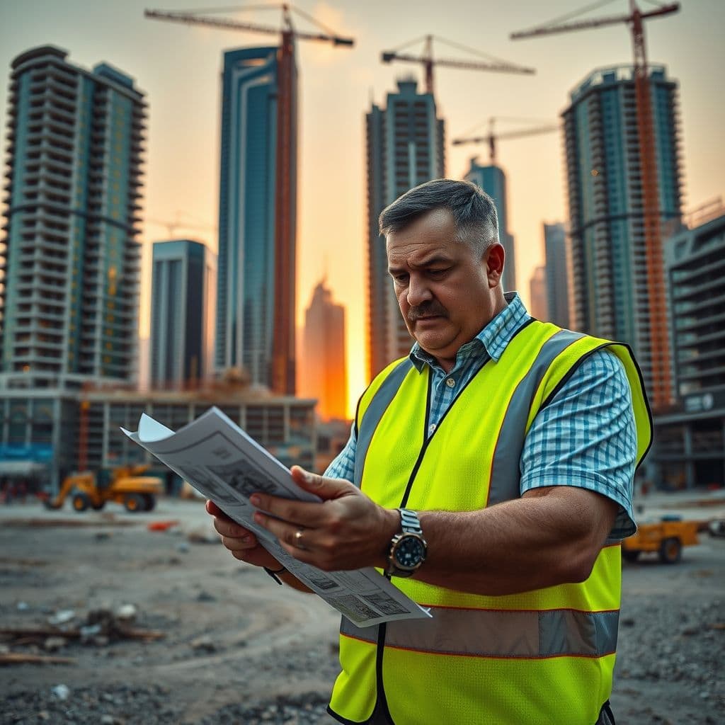 A construction site with multiple unfinished projects and a stressed foreman.