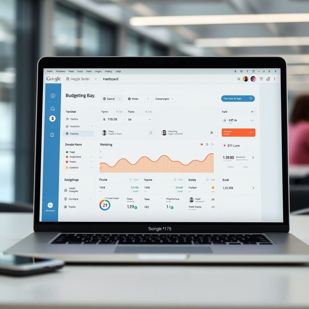 A futuristic budgeting dashboard on a laptop screen with financial charts and graphs.