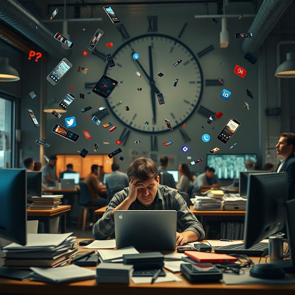 Frustrated professional staring at clock with multiple distractions floating around