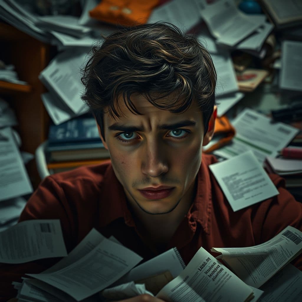 A distressed young adult overwhelmed by financial debt and paperwork.