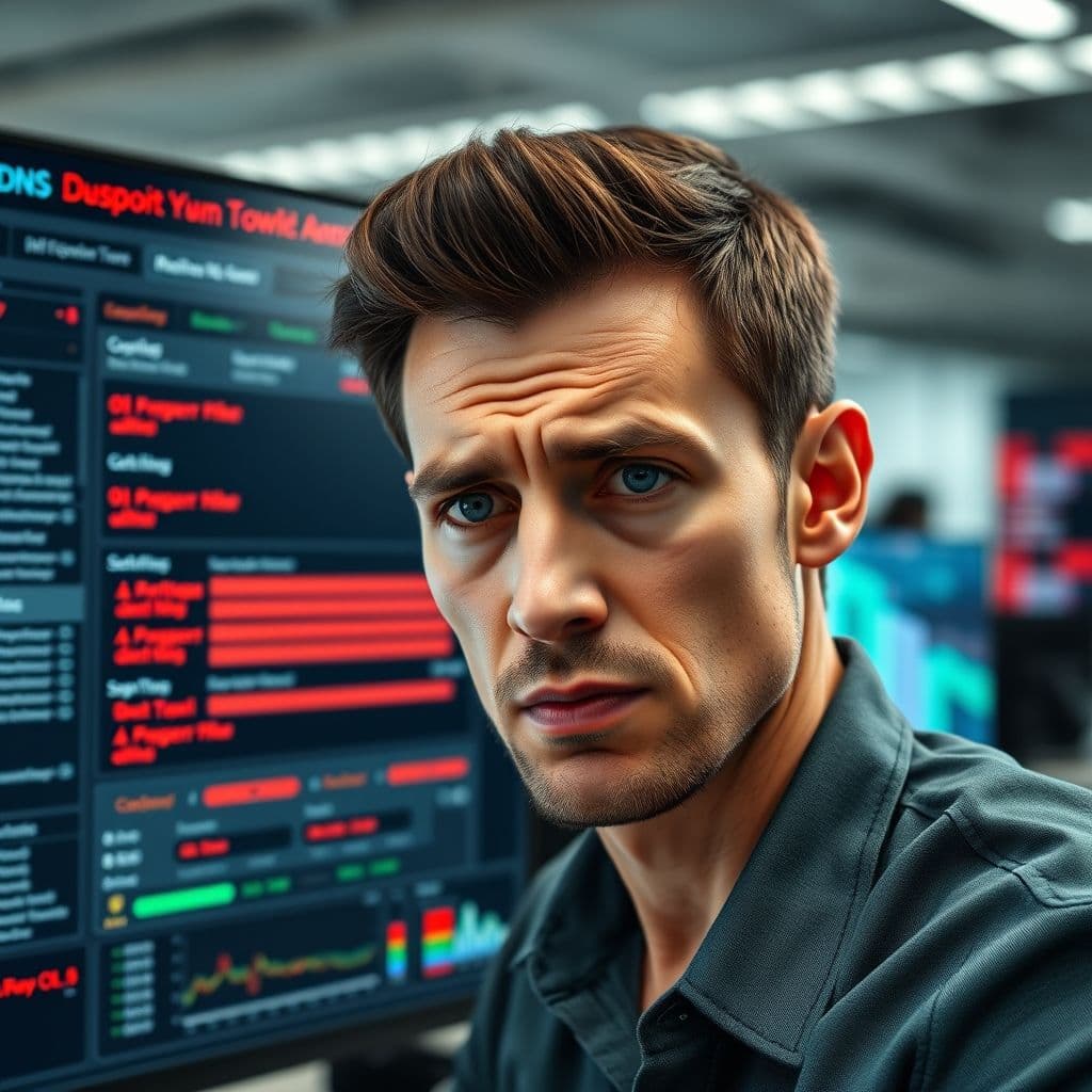 Complex DNS configuration panel with highlighted problematic settings.