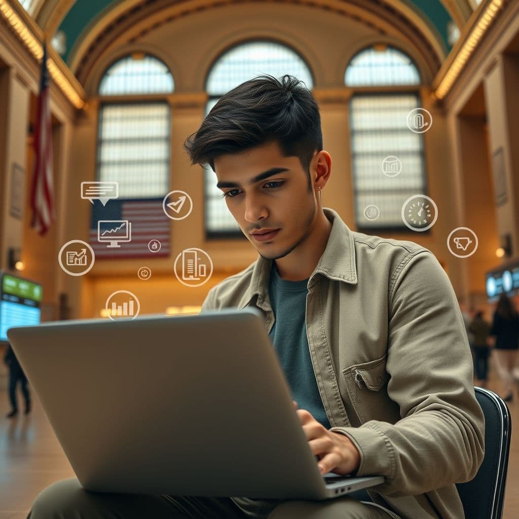A young adult managing finances digitally with automation tools.