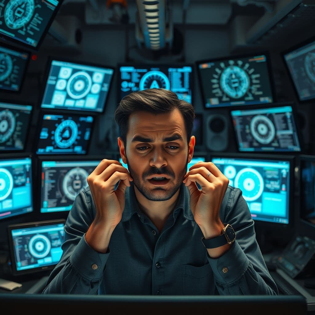 A frustrated professional juggling multiple AI tools on different screens.