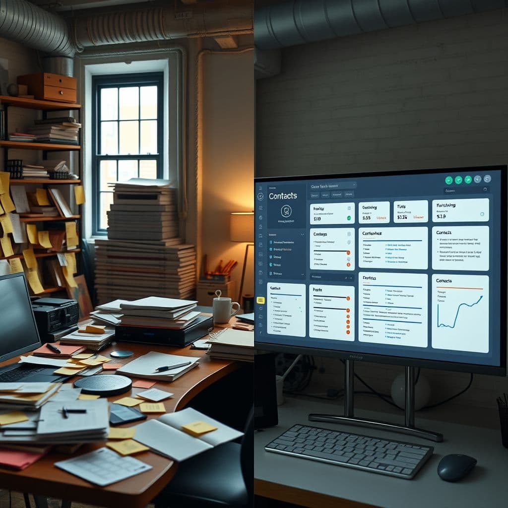 Side-by-side comparison of a cluttered manual process vs. a streamlined AI workflow.