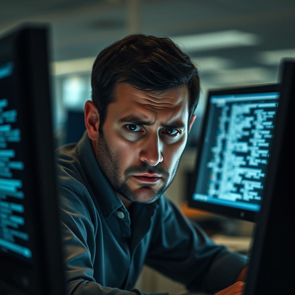 A stressed professional staring at a cluttered email inbox.