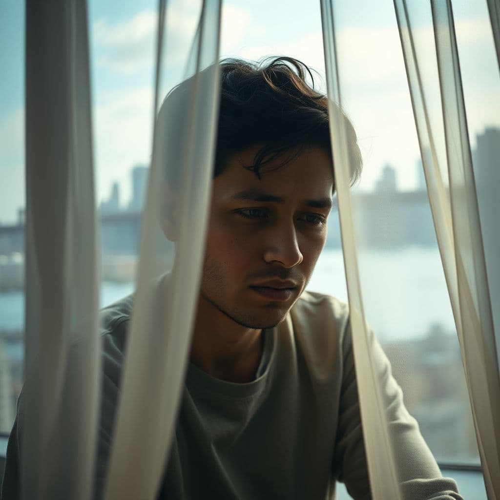 A person sitting alone, staring blankly with tears in their eyes.